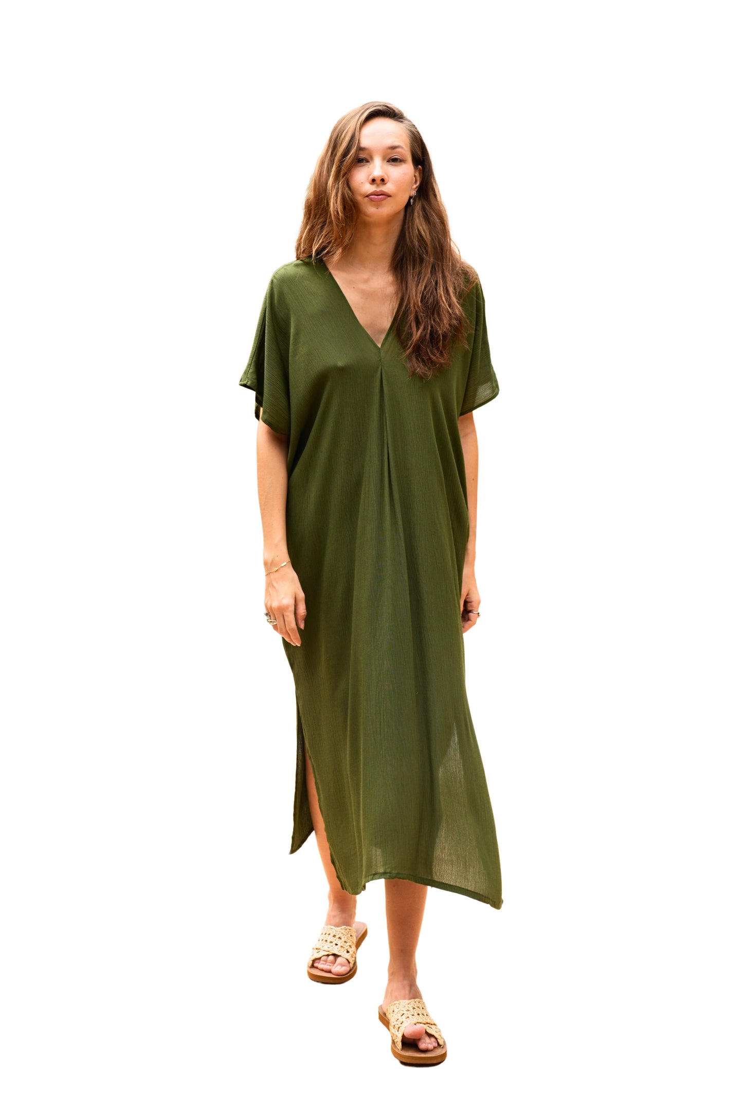 Gina Breezy Crinkle Kaftan Dress in Forest Green