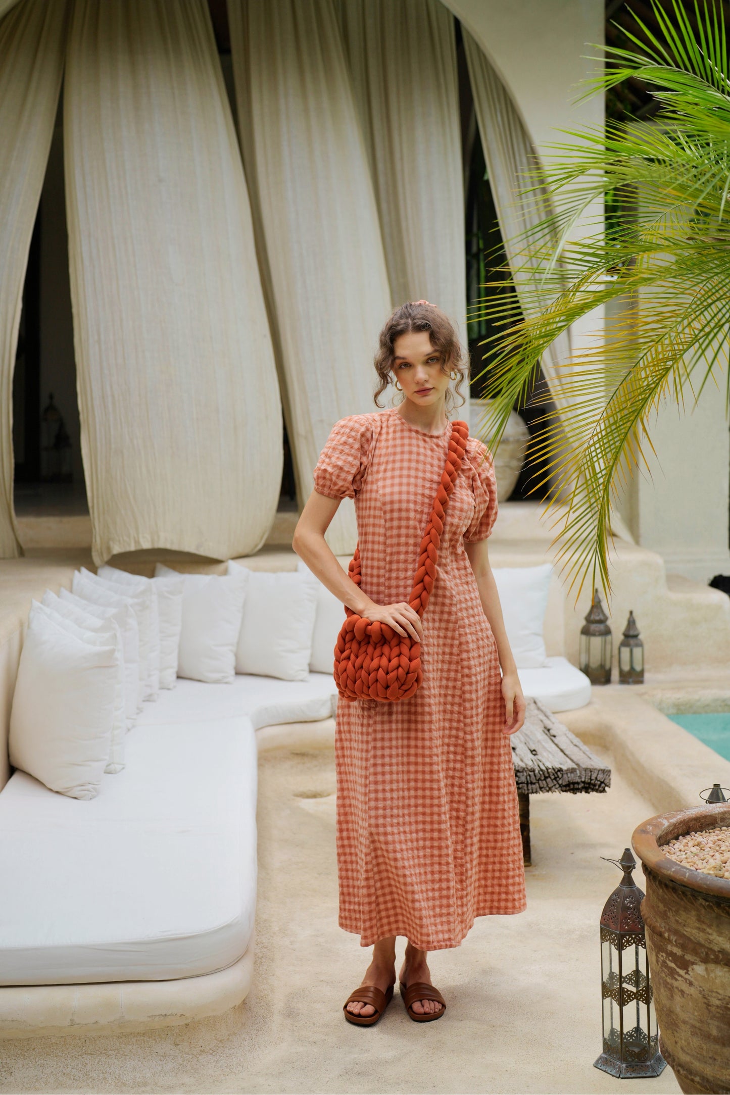 Maeve Puffy Sleeves Gingham Maxi Dress in Persimmon