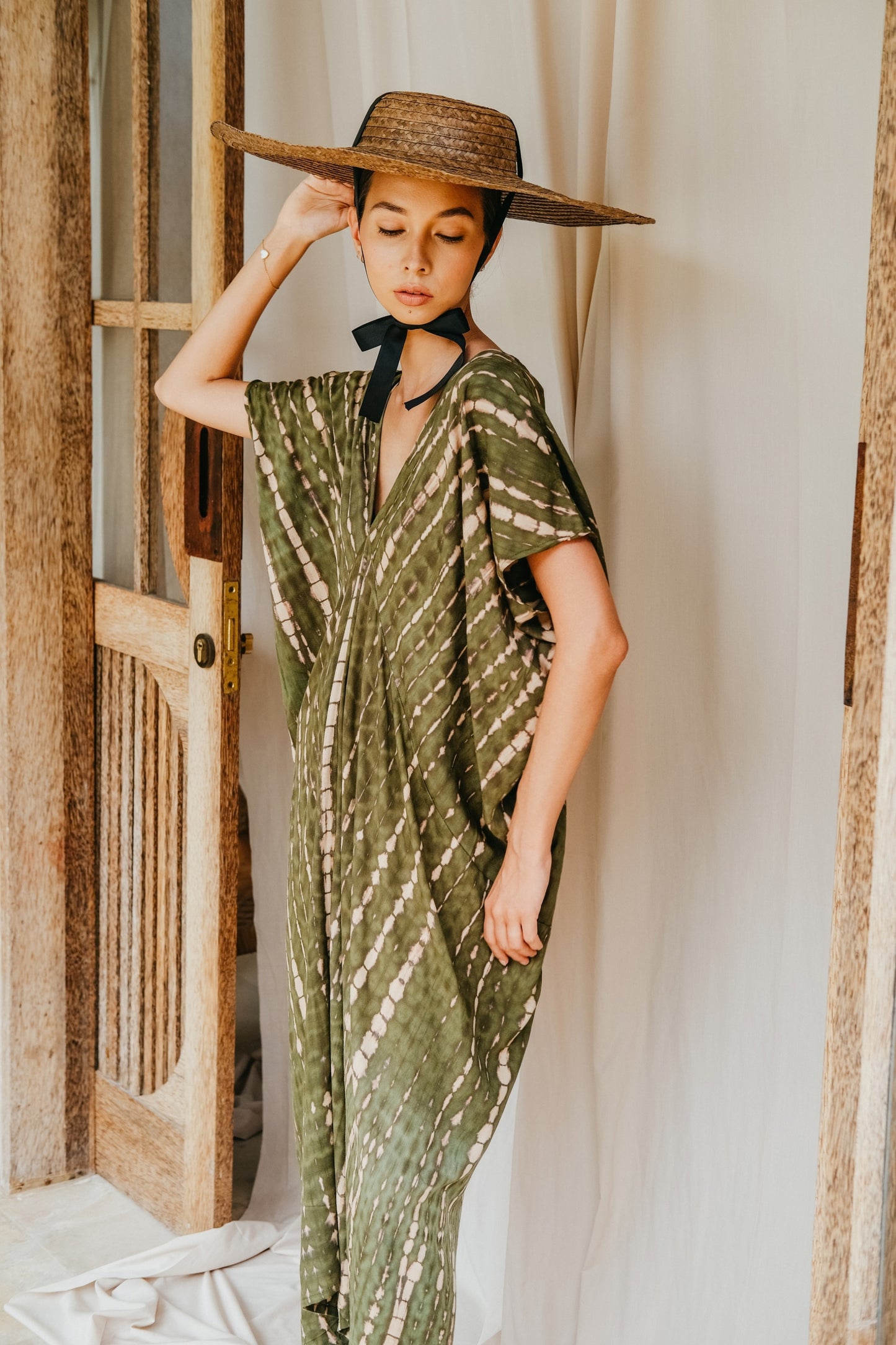 Madella Hand Dyed Kaftan Dress in Seaweed green
