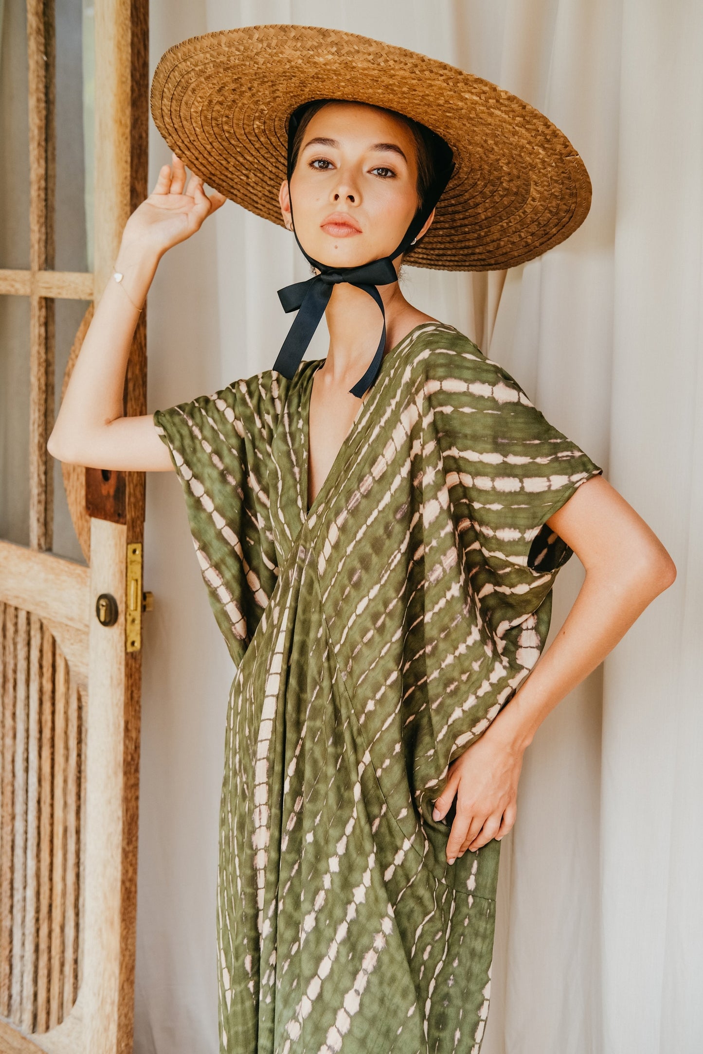 Madella Hand Dyed Kaftan Dress in Seaweed green