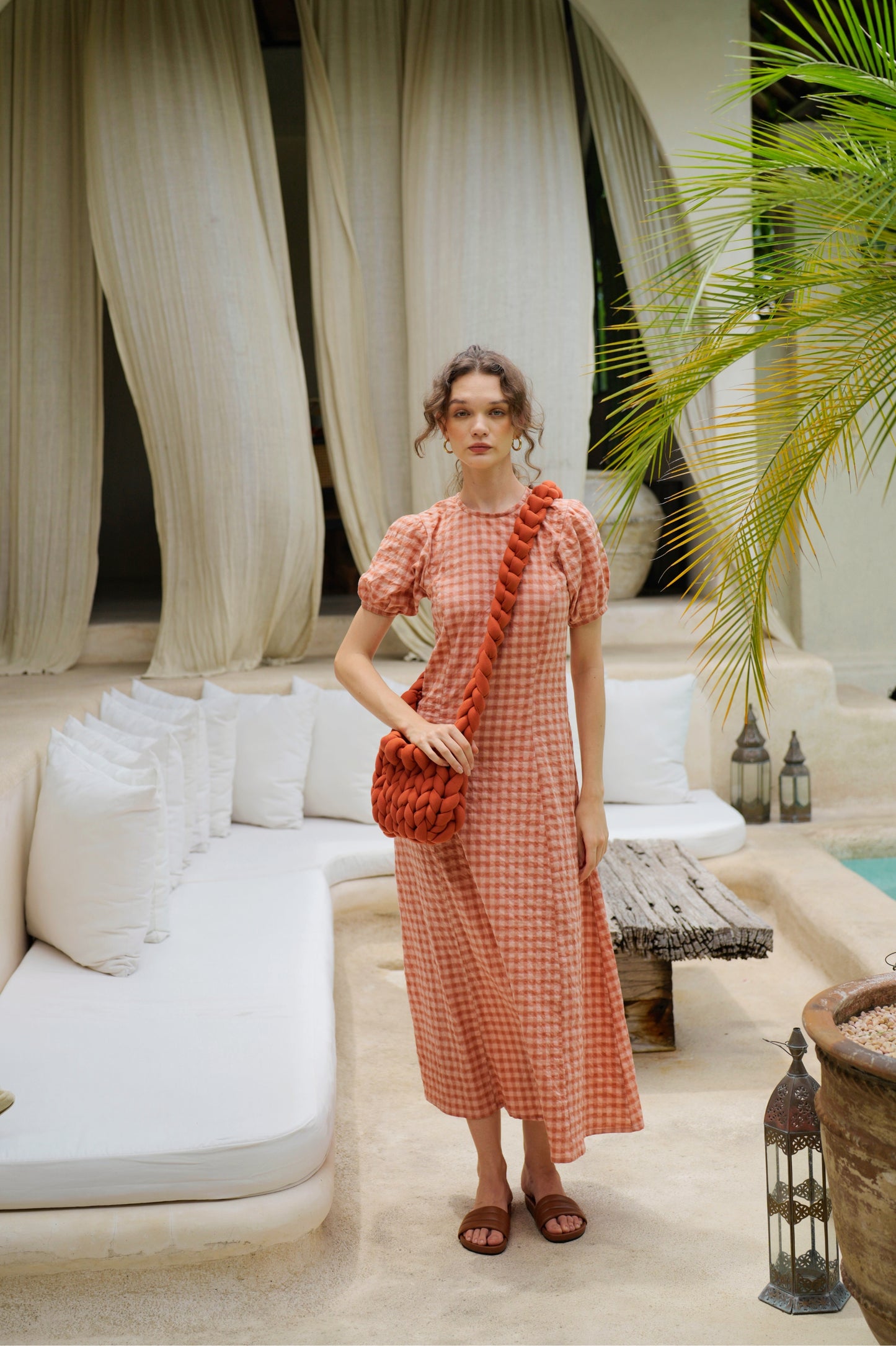 Maeve Puffy Sleeves Gingham Maxi Dress in Persimmon