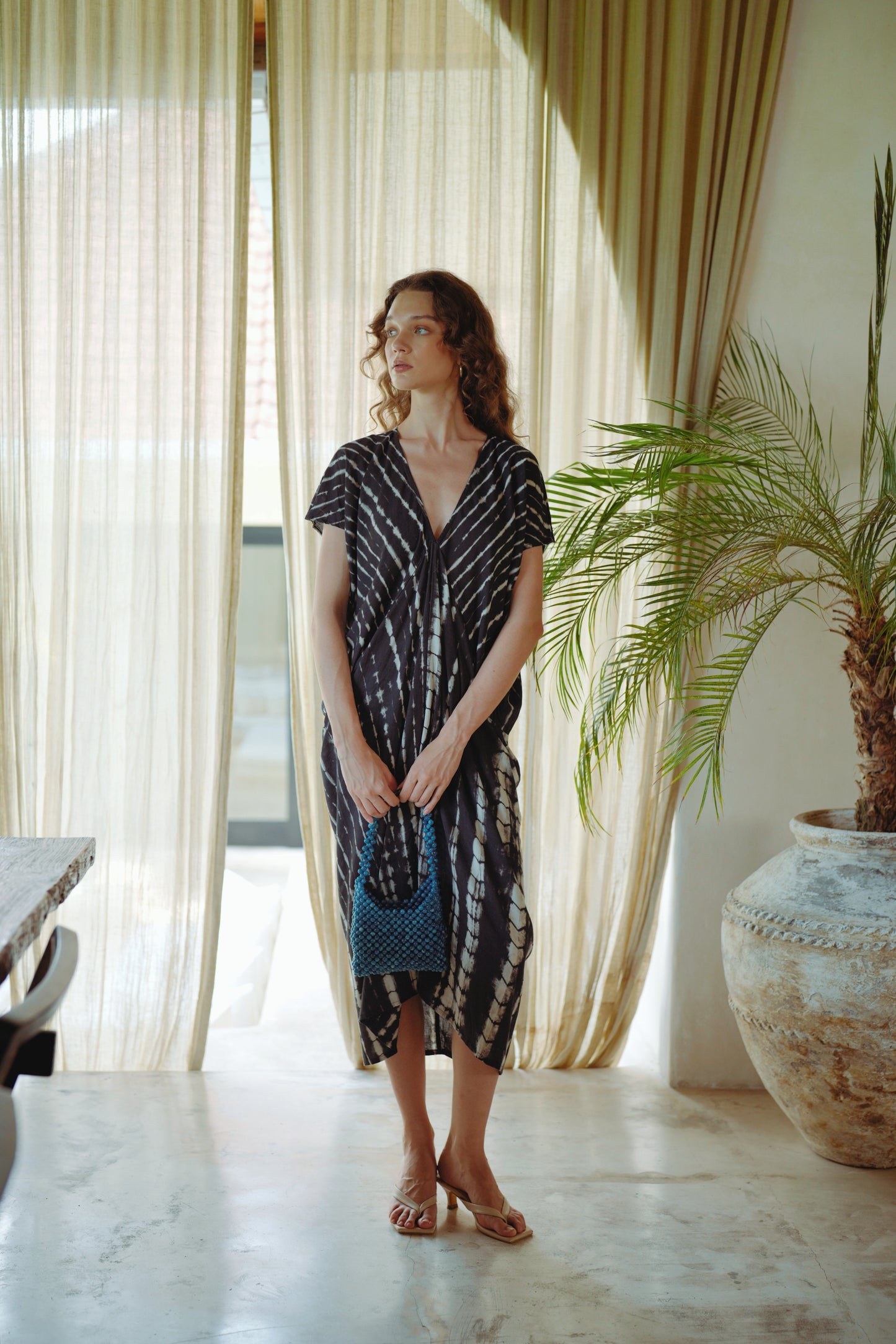 Madella Hand Dyed Kaftan Dress in Black Tie Dyed