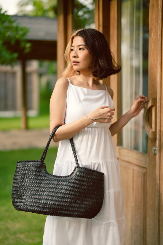 Jolene Handwoven Leather Tote in Black