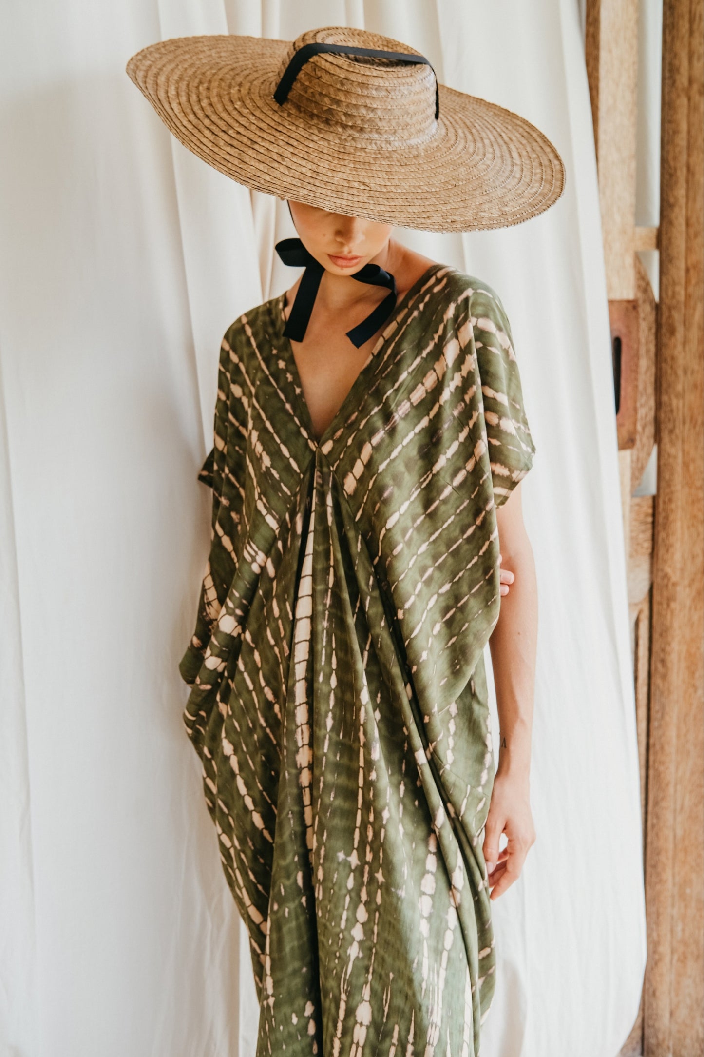 Madella Hand Dyed Kaftan Dress in Seaweed green