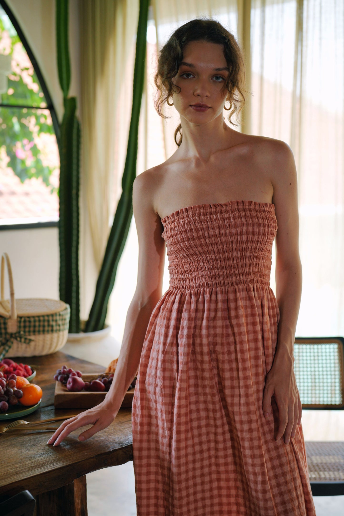 Ava Strapless Crinkle Gingham Dress in Persimmon