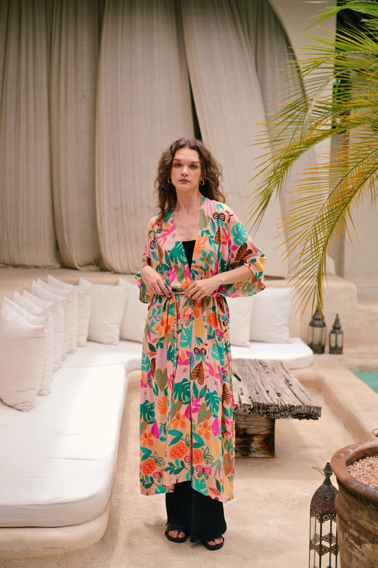 Tropical-Print Travel Kimono Duster