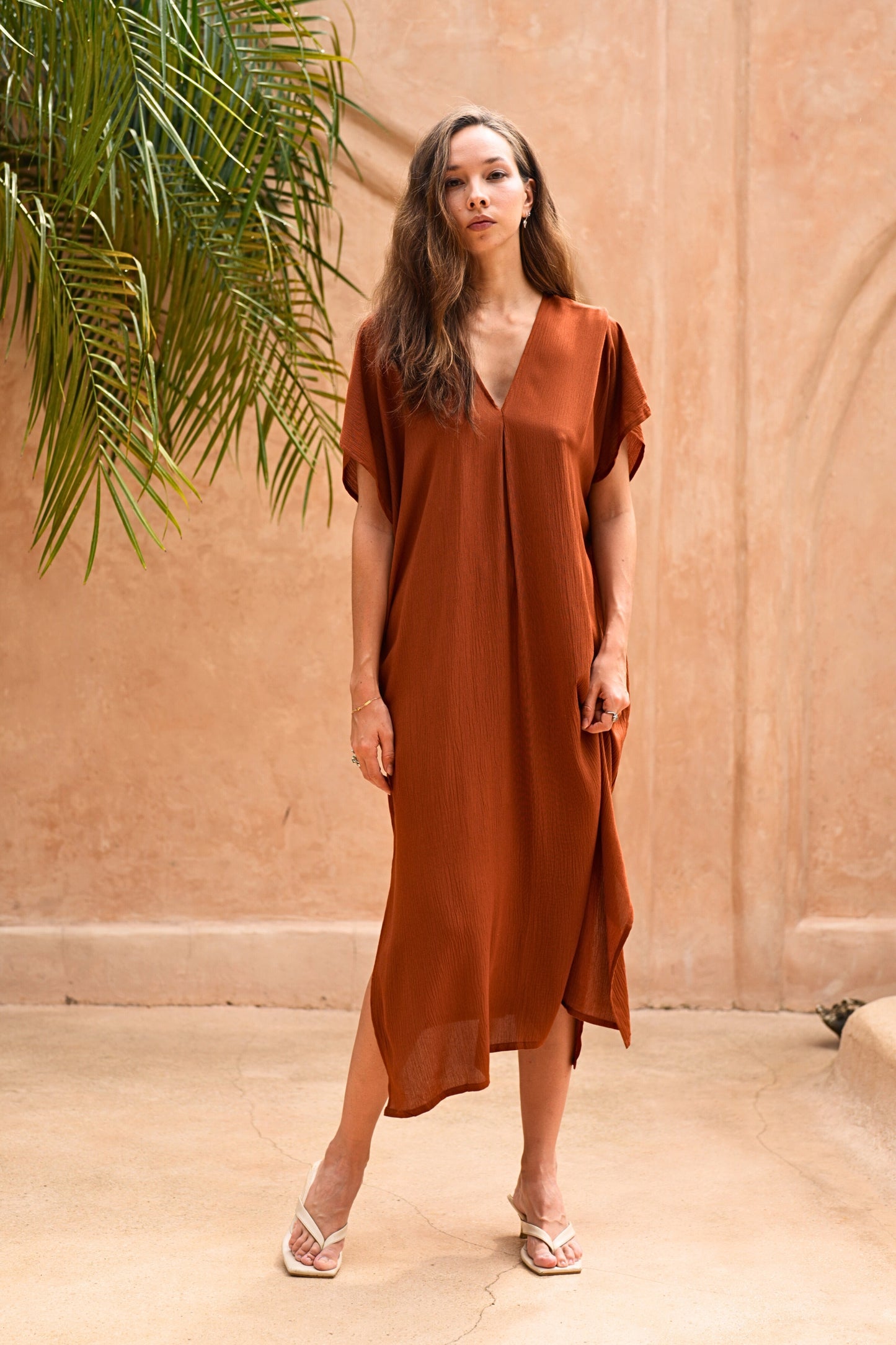 Gina Breezy Crinkle Kaftan Dress in Terracotta