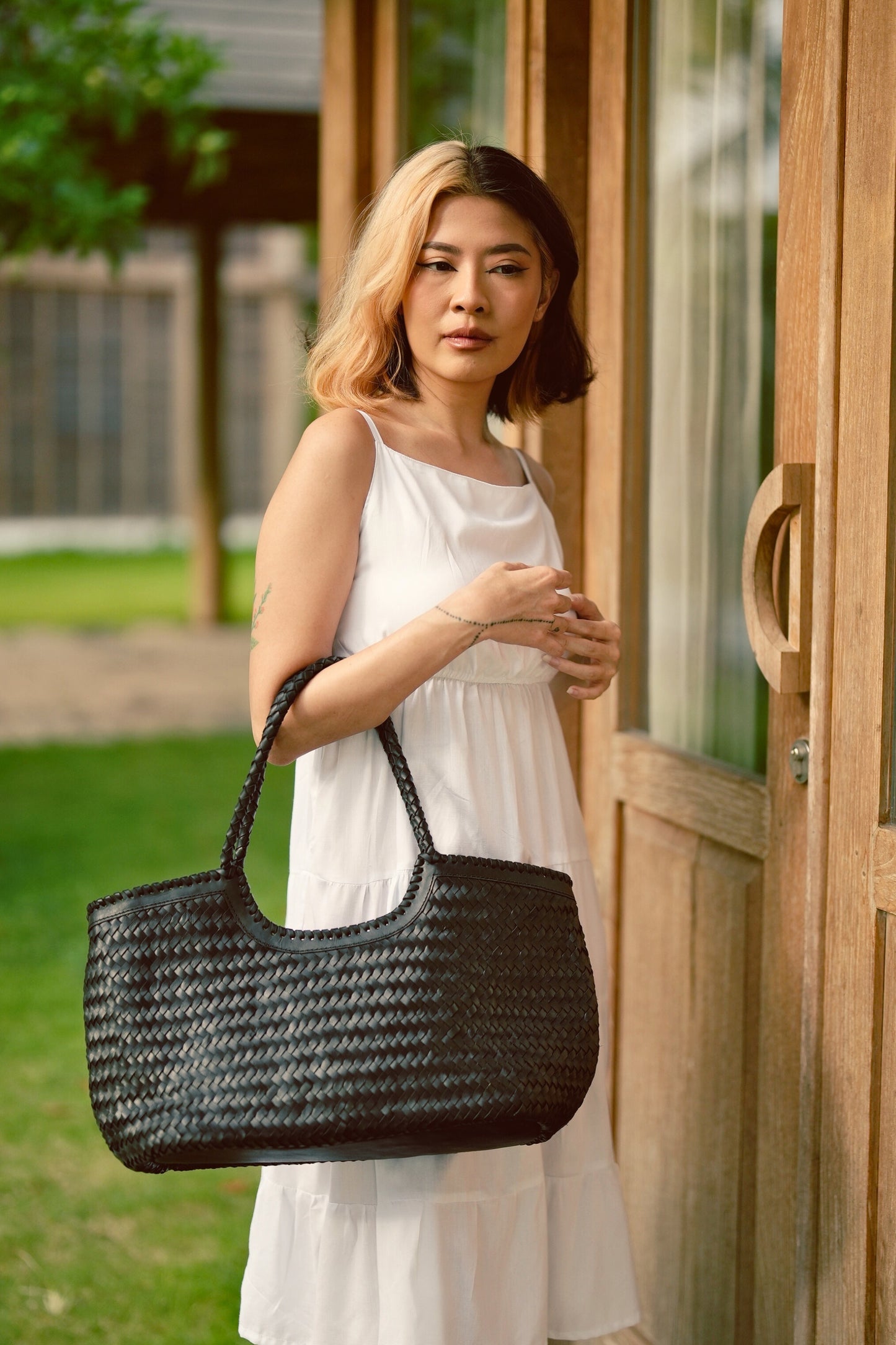 Jolene Handwoven Leather Tote in Black