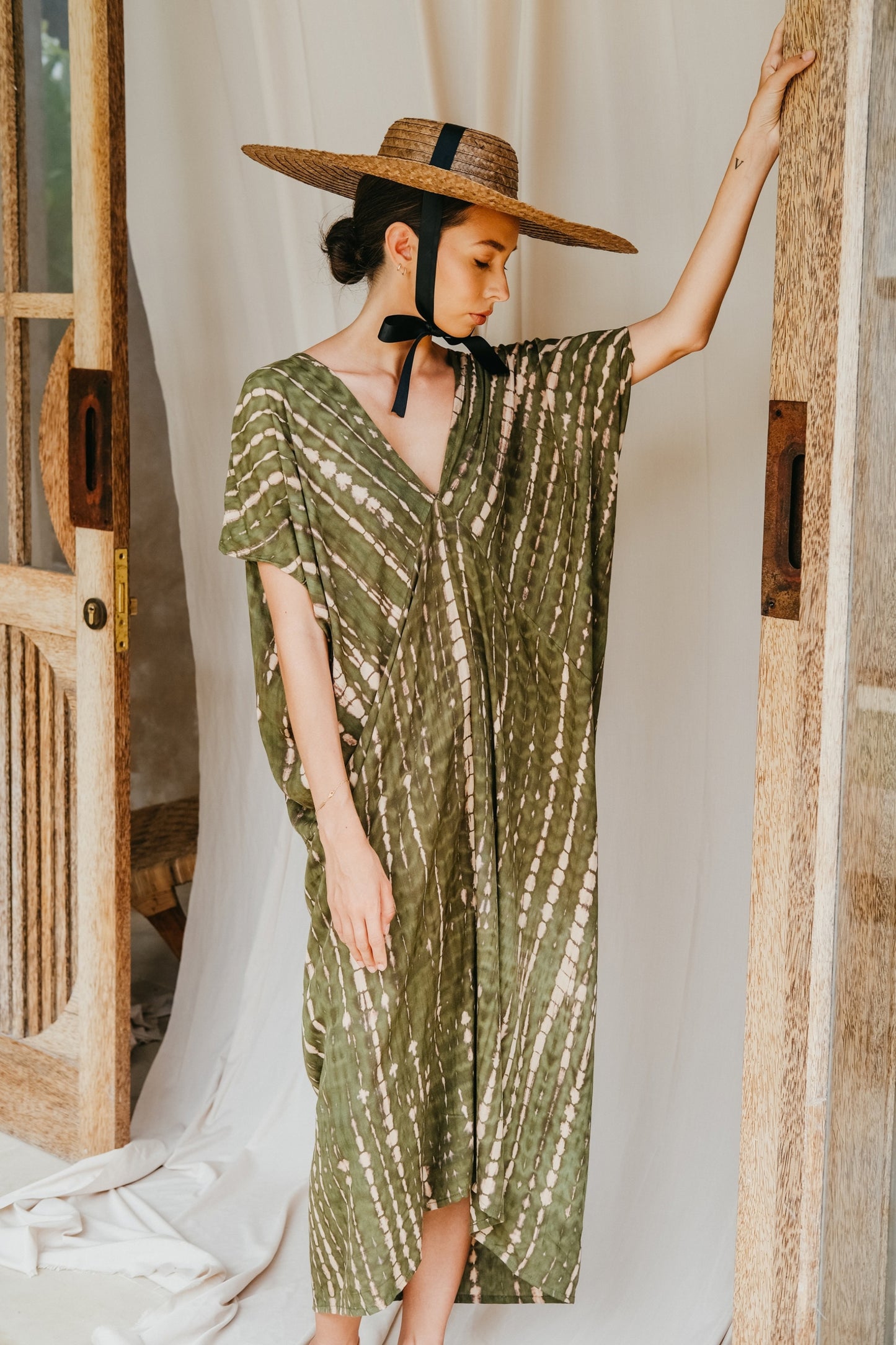 Madella Hand Dyed Kaftan Dress in Seaweed green