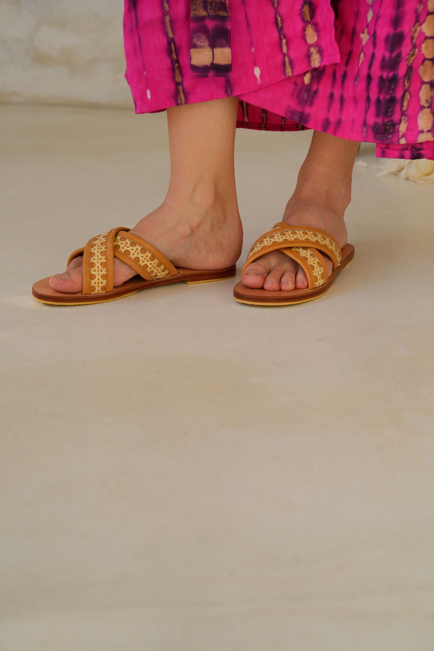 Della Cane and Leather Slide Sandals in Tan