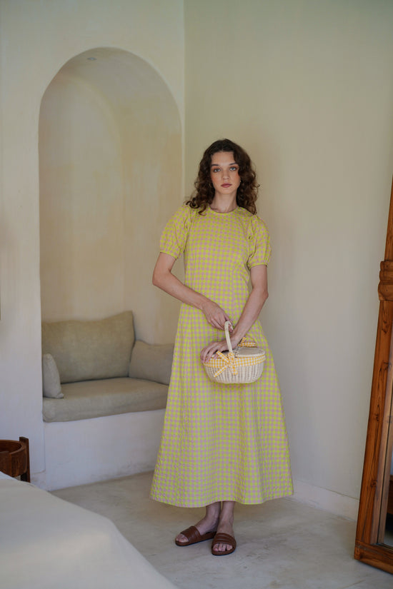 Maeve Puffy Sleeves Gingham Maxi Dress in Lemonade