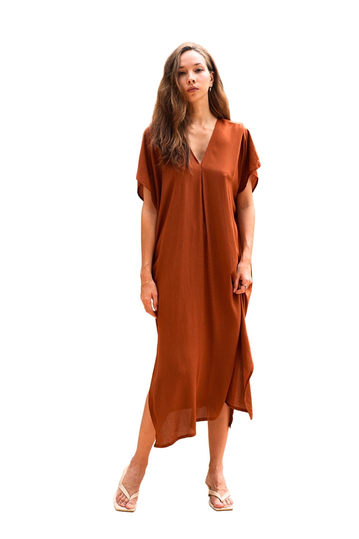 Gina Breezy Crinkle Kaftan Dress in Terracotta