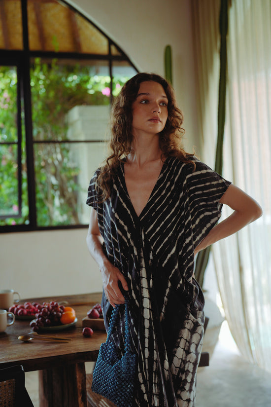 Madella Hand Dyed Kaftan Dress in Black Tie Dyed