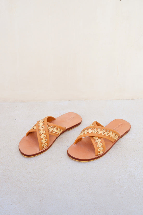 Della Cane and Leather Slide Sandals in Tan