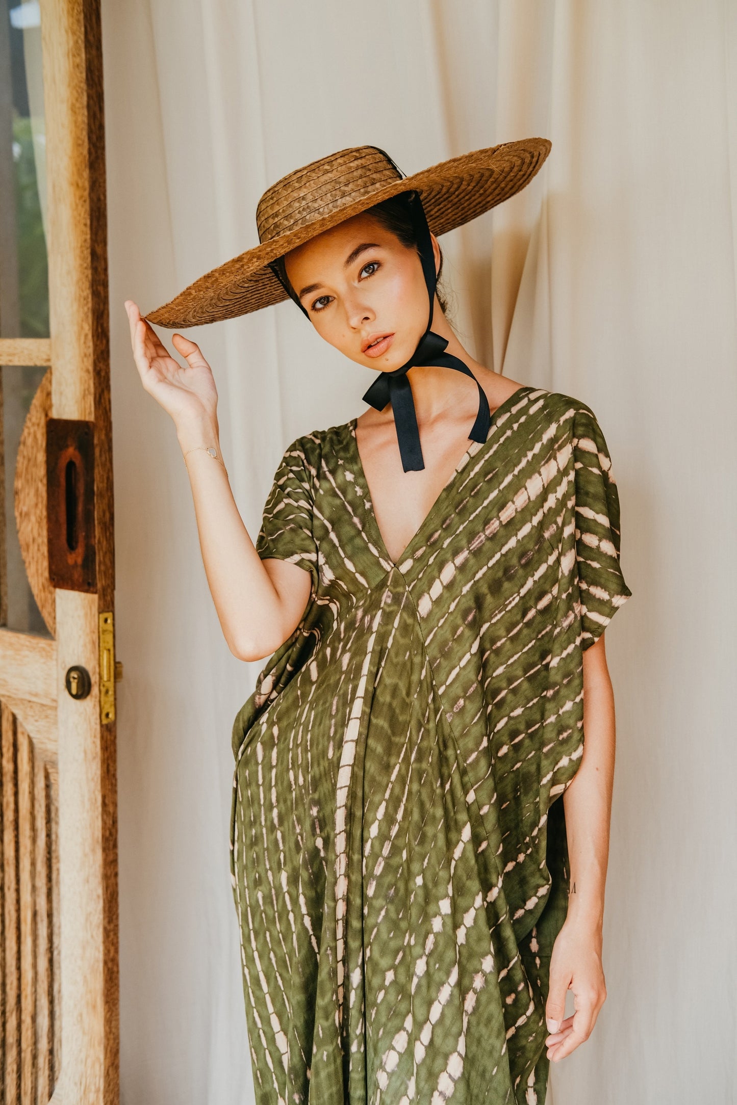 Madella Hand Dyed Kaftan Dress in Seaweed green