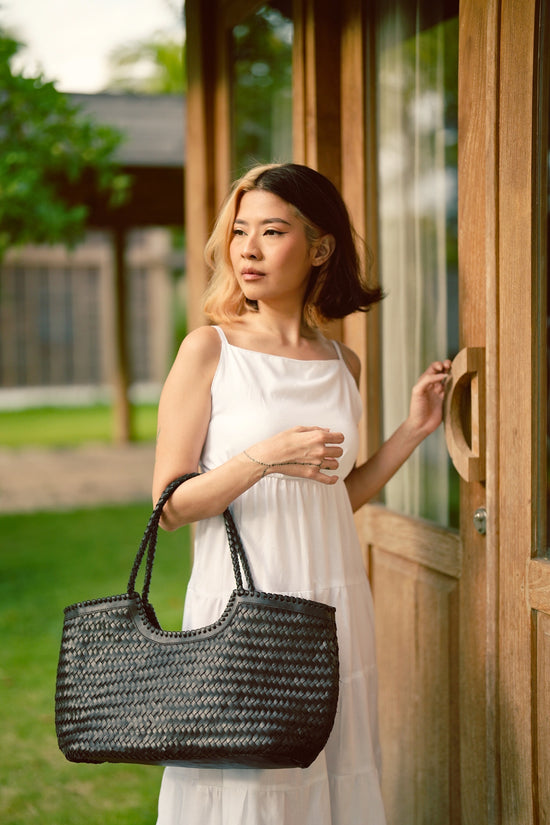 Jolene Handwoven Leather Tote in Black