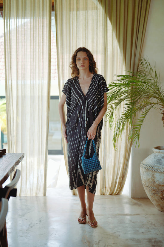 Madella Hand Dyed Kaftan Dress in Black Tie Dyed