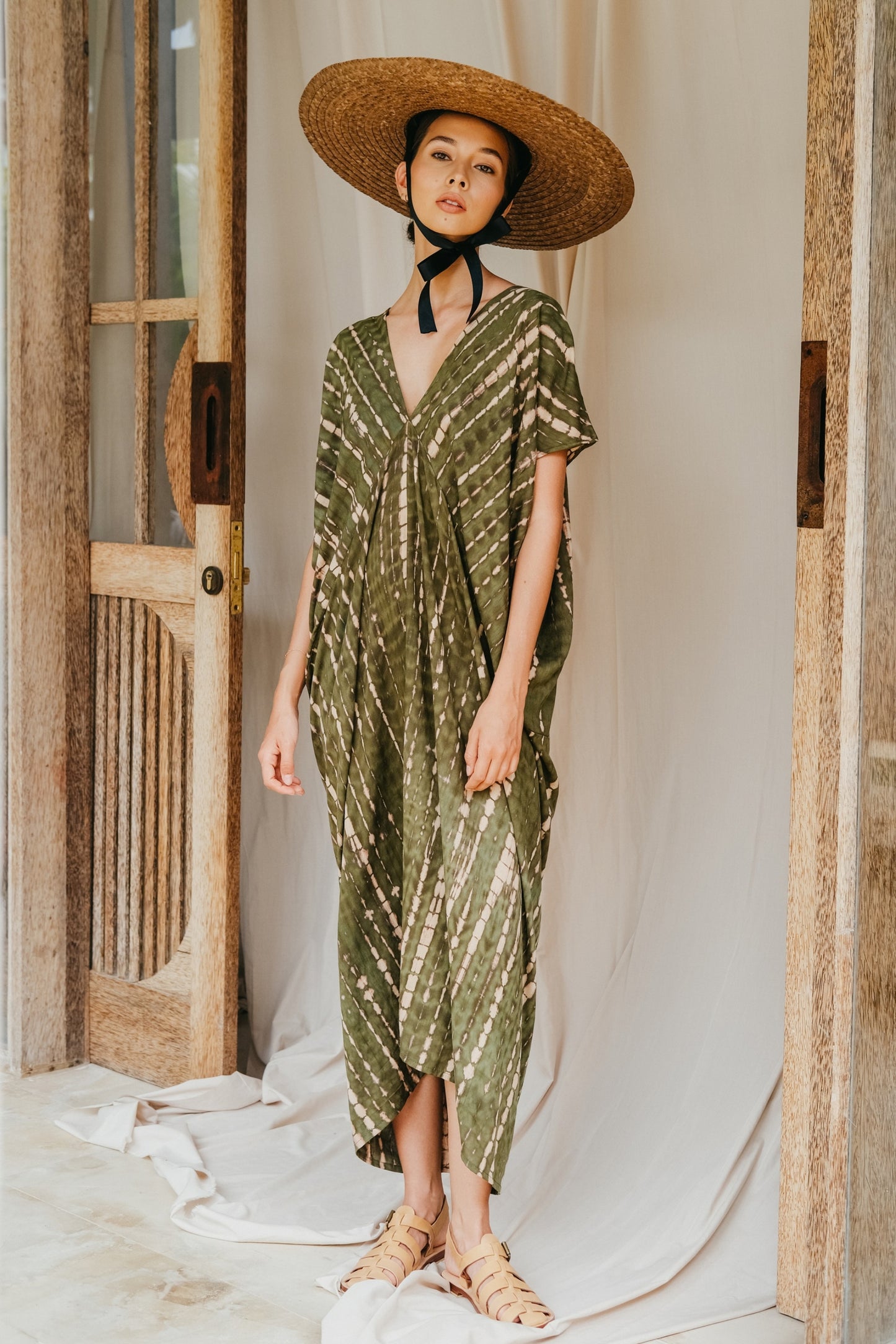 Madella Hand Dyed Kaftan Dress in Seaweed green