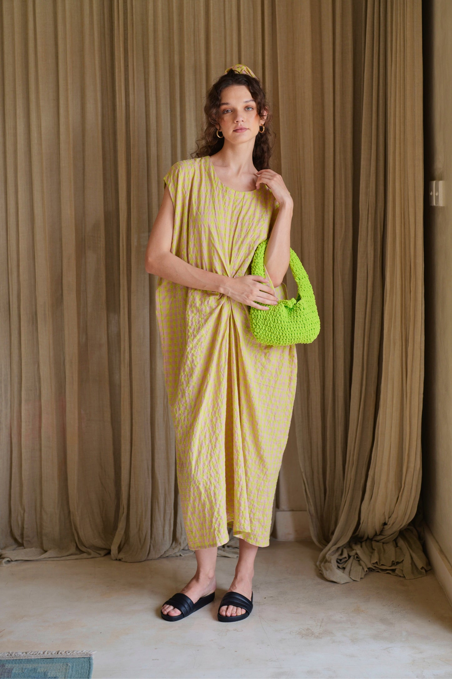 Lucia Crinkle Gingham Kaftan Style Travel Dress