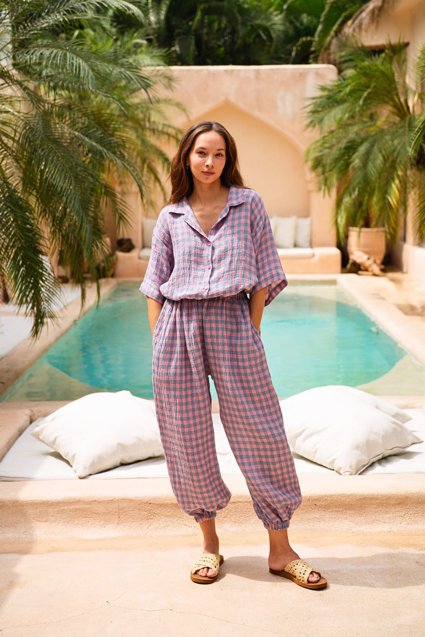 Vanessa Linen Gingham Balloon Pants in Lavender