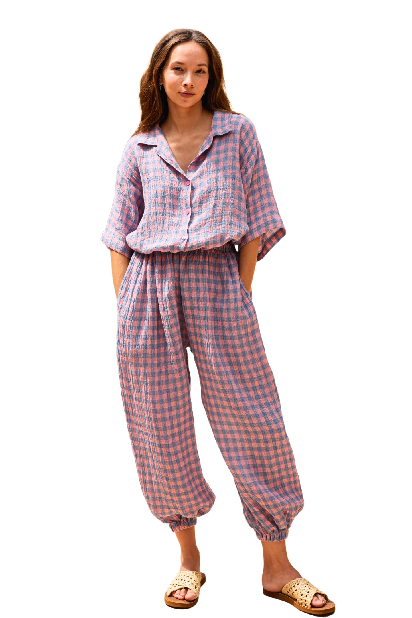 Vanessa Linen Gingham Balloon Pants in Lavender