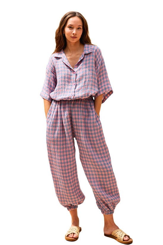 Vanessa Linen Gingham Balloon Pants in Lavender