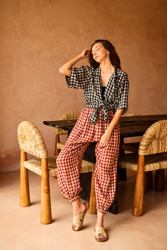 Vanessa Linen Gingham Balloon Pants in Red