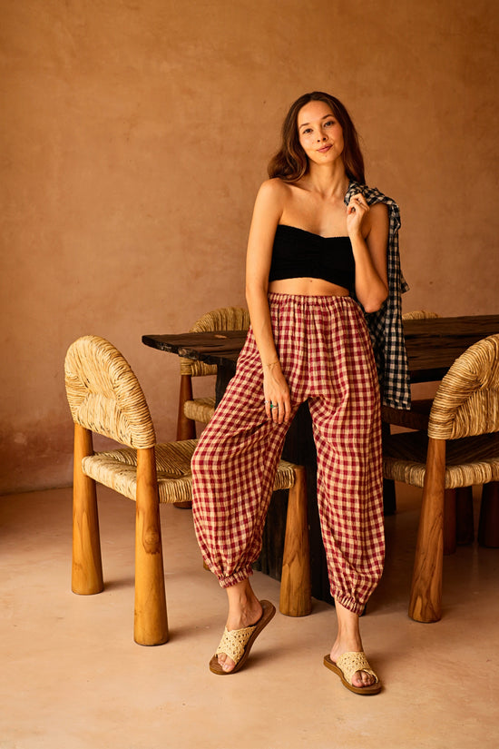 Vanessa Linen Gingham Balloon Pants in Red