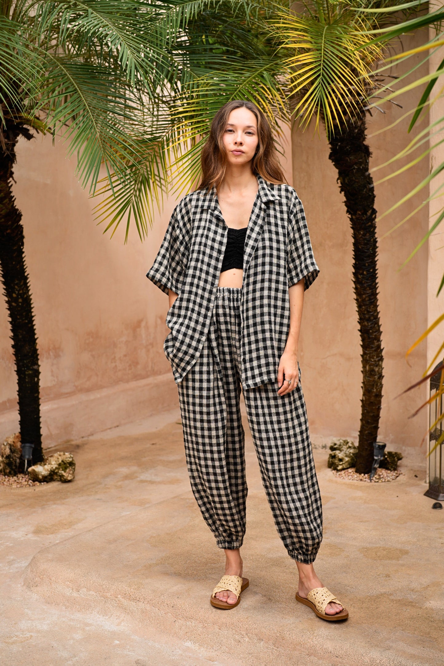 Vanessa Linen Gingham Balloon Pants in Black