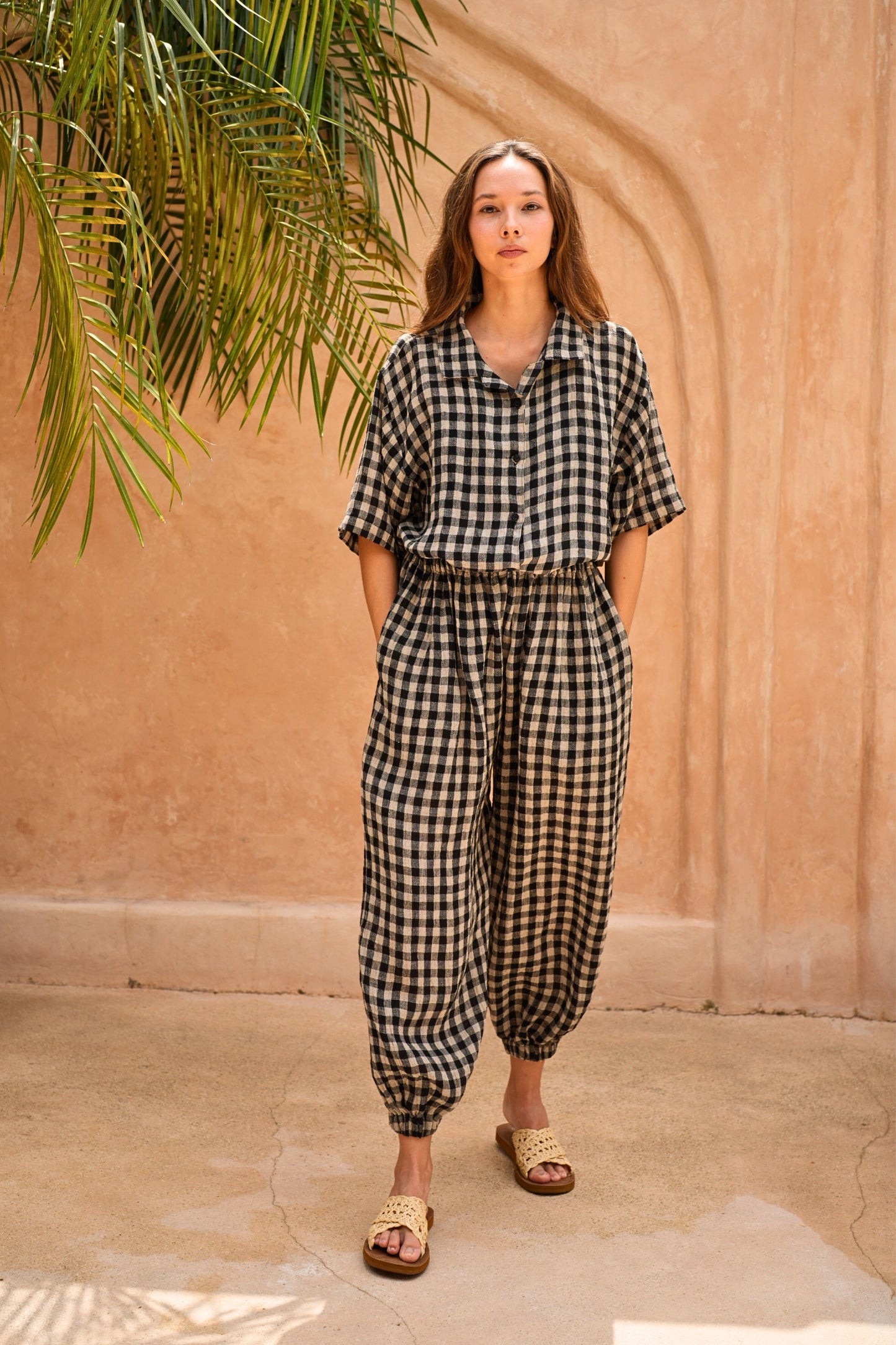Vanessa Linen Gingham Balloon Pants in Black