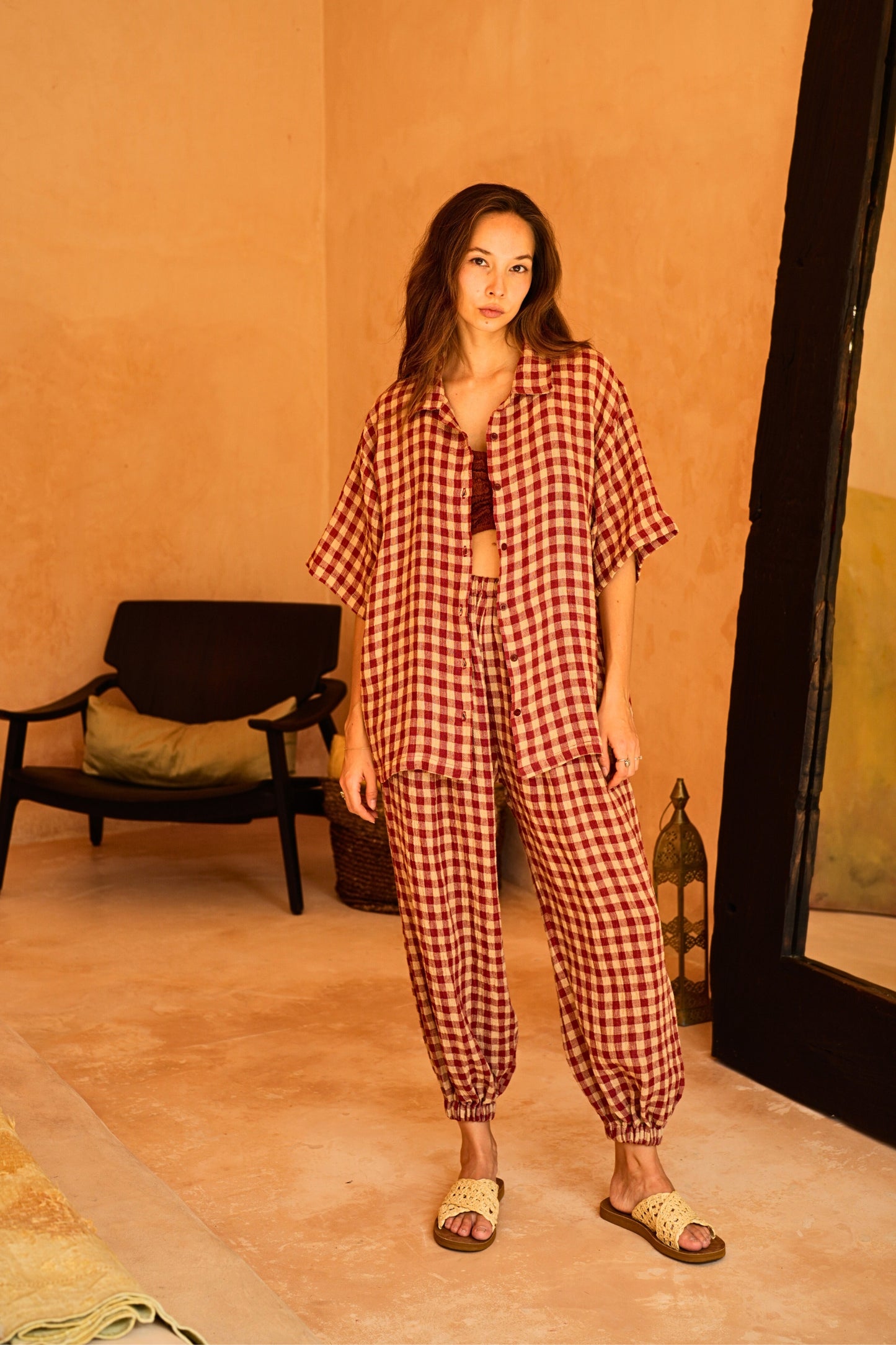 Vanessa Linen Gingham Balloon Pants in Red