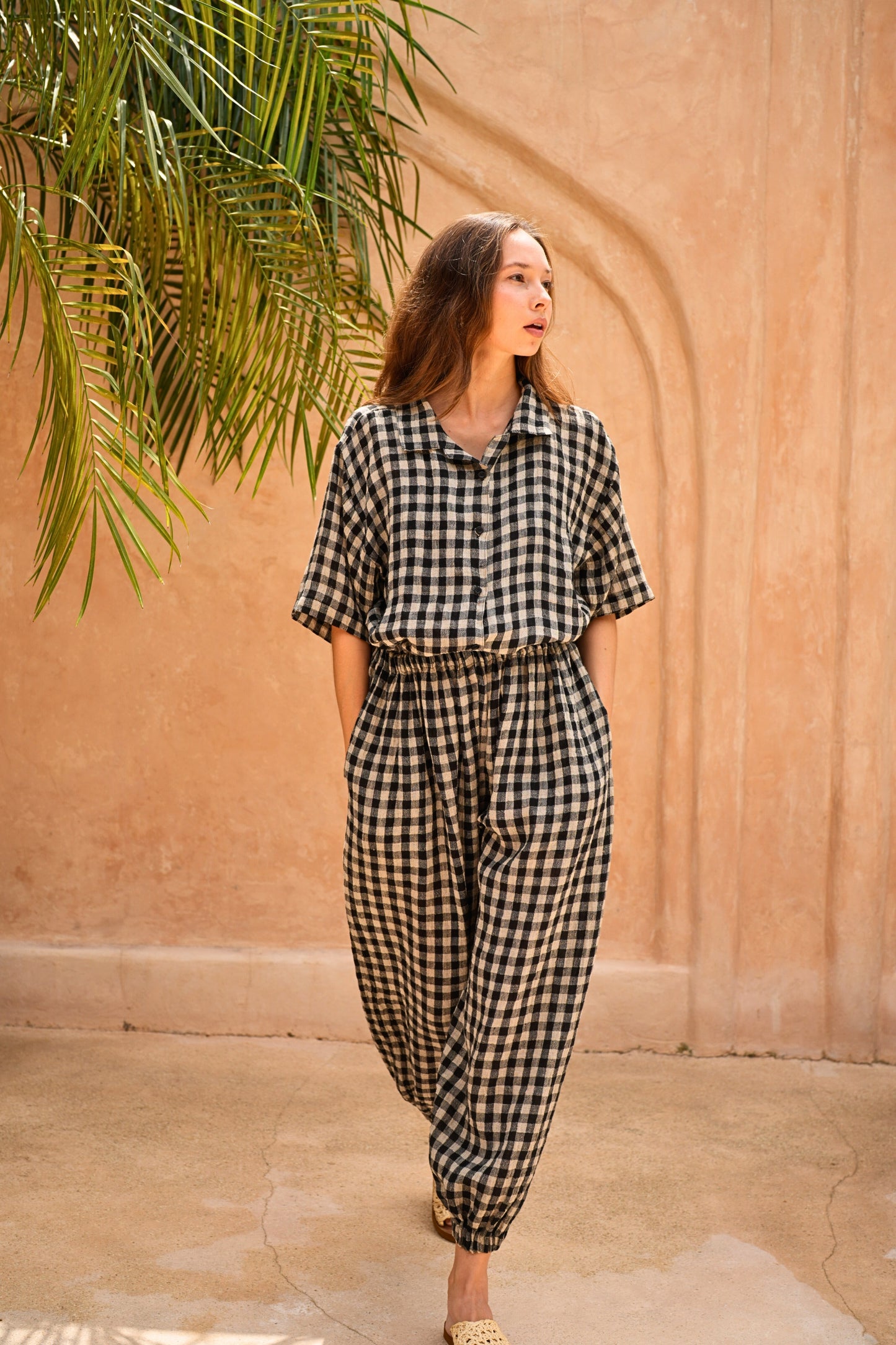 Vanessa Linen Gingham Balloon Pants in Black