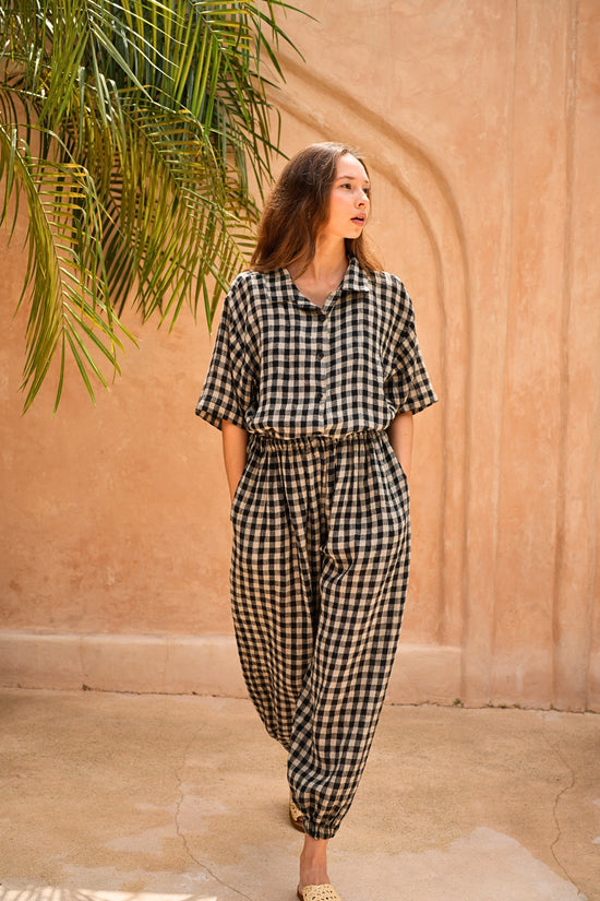 Vanessa Linen Gingham Balloon Pants in Black