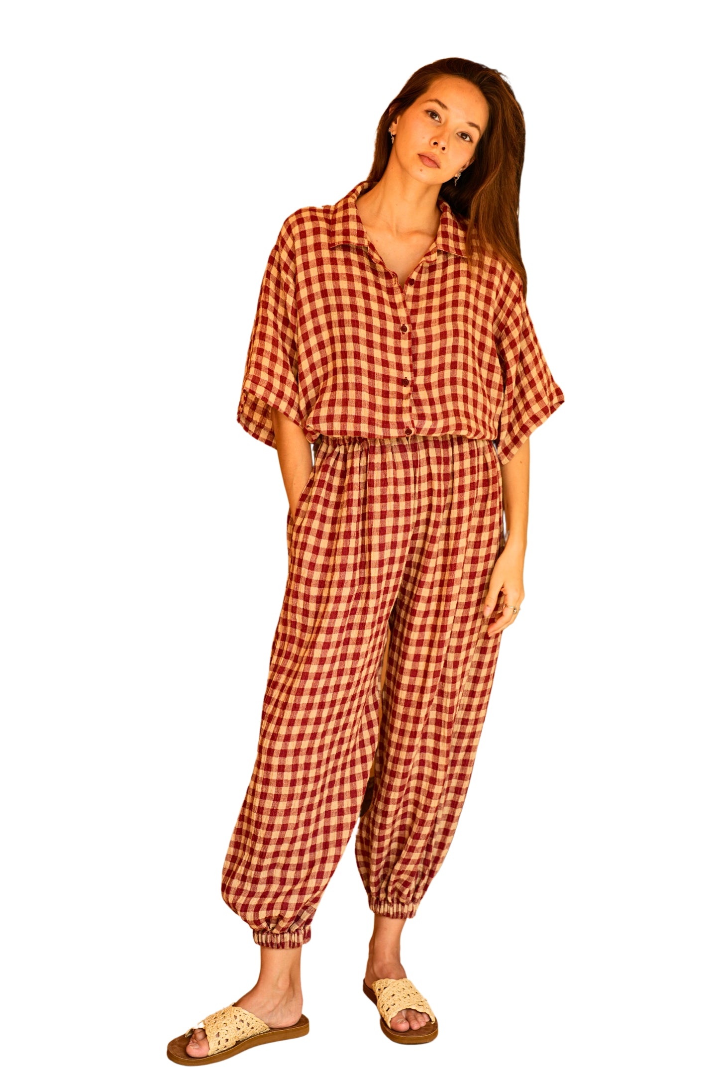 Vanessa Linen Gingham Balloon Pants in Red
