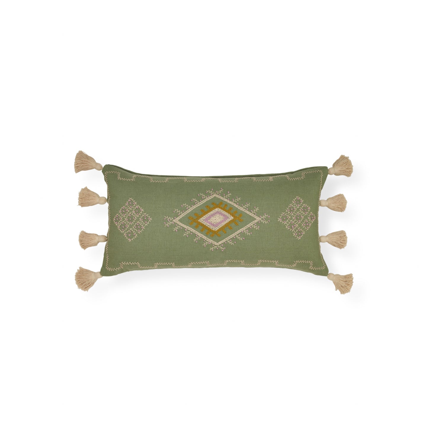 Melody Hand-loomed Organic Cotton Lumbar Cover in Green + Insert