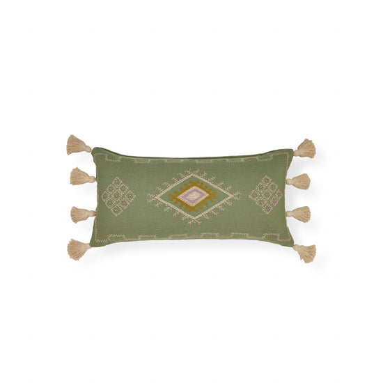 Melody Hand-loomed Organic Cotton Lumbar Cover in Green + Insert