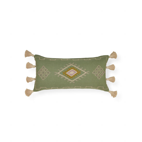 Load image into Gallery viewer, Melody Hand-loomed Organic Cotton Lumbar Cover in Green + Insert
