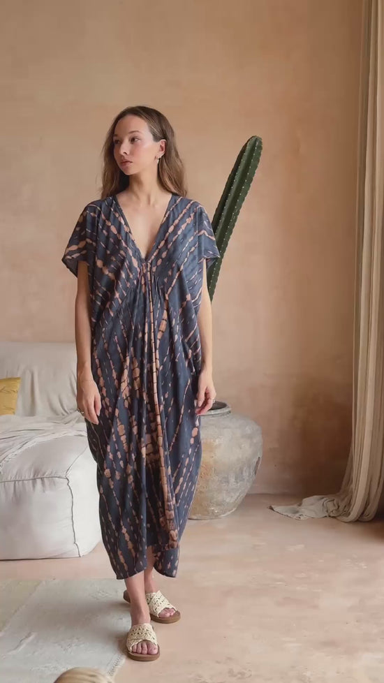 Load and play video in Gallery viewer, Madella Hand Dyed Kaftan Dress in Deep Sea Blue
