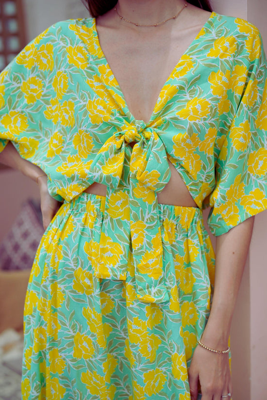 Load image into Gallery viewer, Aubrey Floral Wrap Top in Yellow Garden
