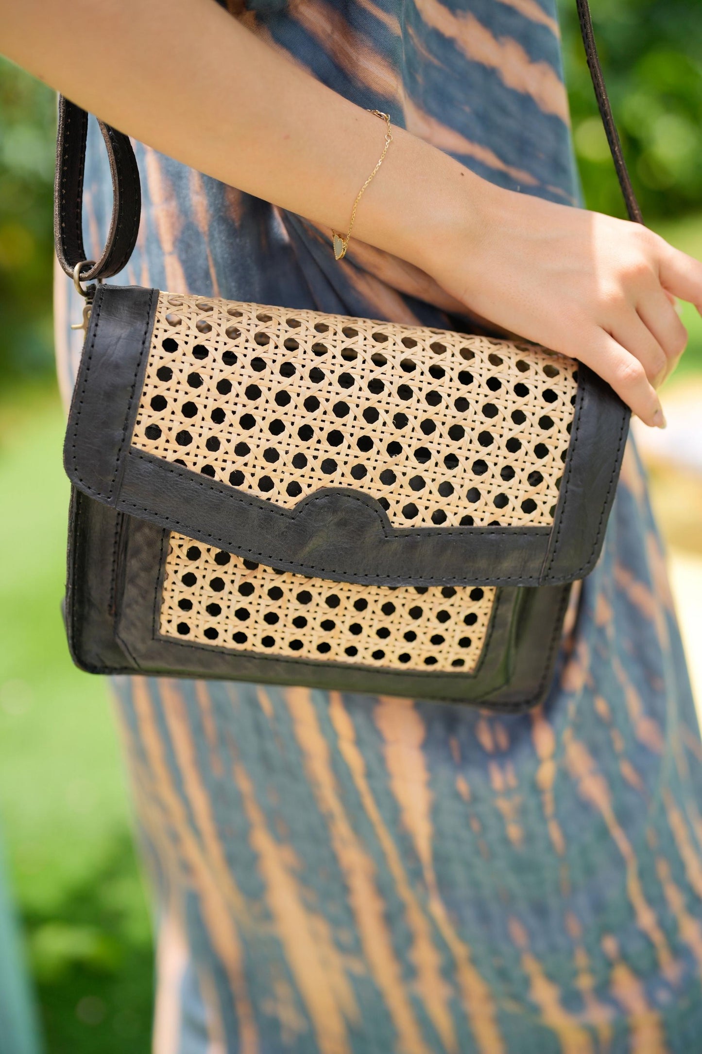 Blakely Cane and Leather Crossbody in Black