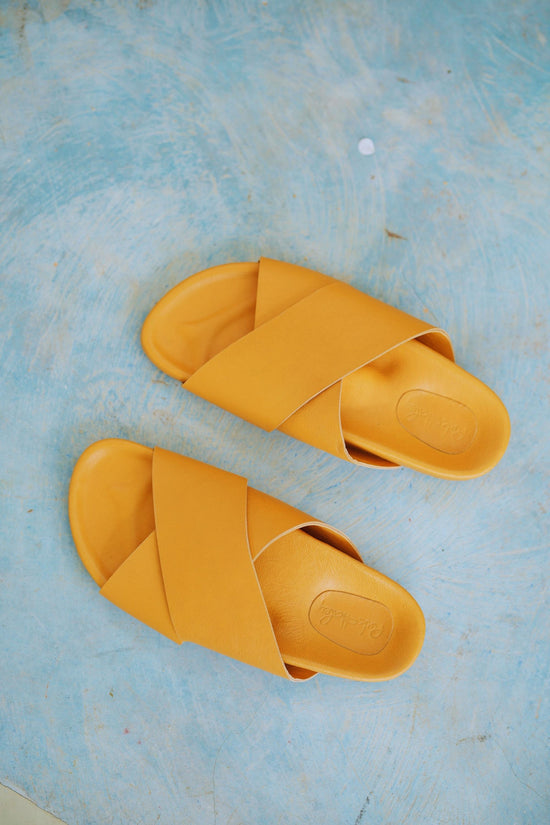 Arianna Cross Strap Leather Slide Sandals in Tan