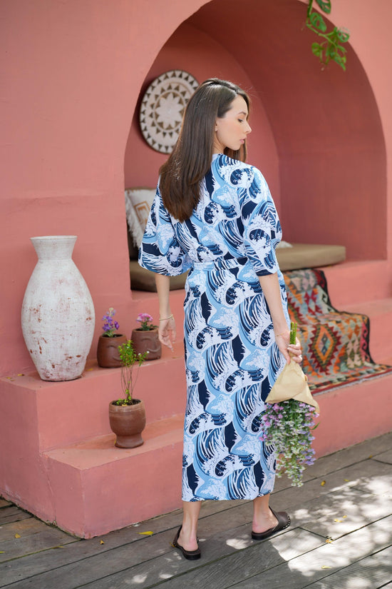 Madeline Long Kimono Robe in Blue Waves