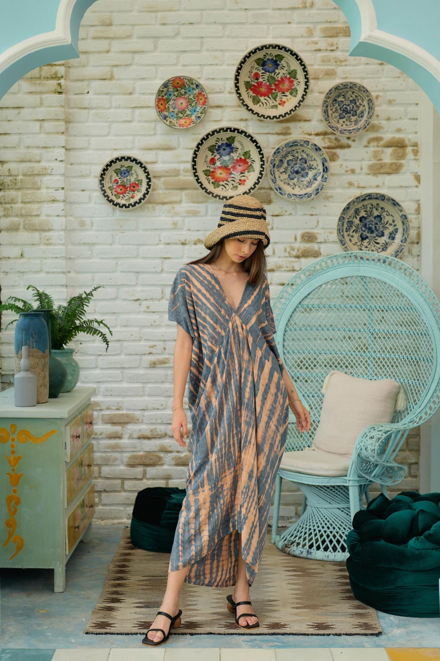 Load image into Gallery viewer, Madella Hand Dyed Kaftan Dress in Retro Blue
