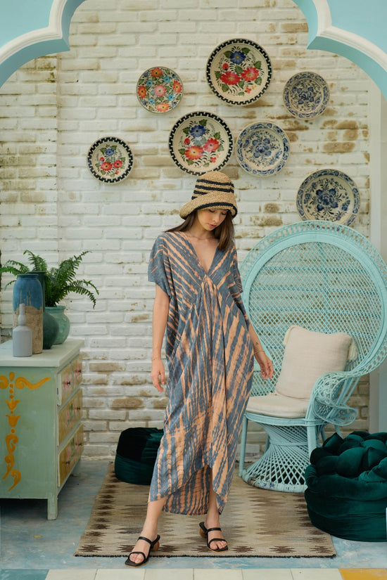 Madella Hand Dyed Kaftan Dress in Retro Blue