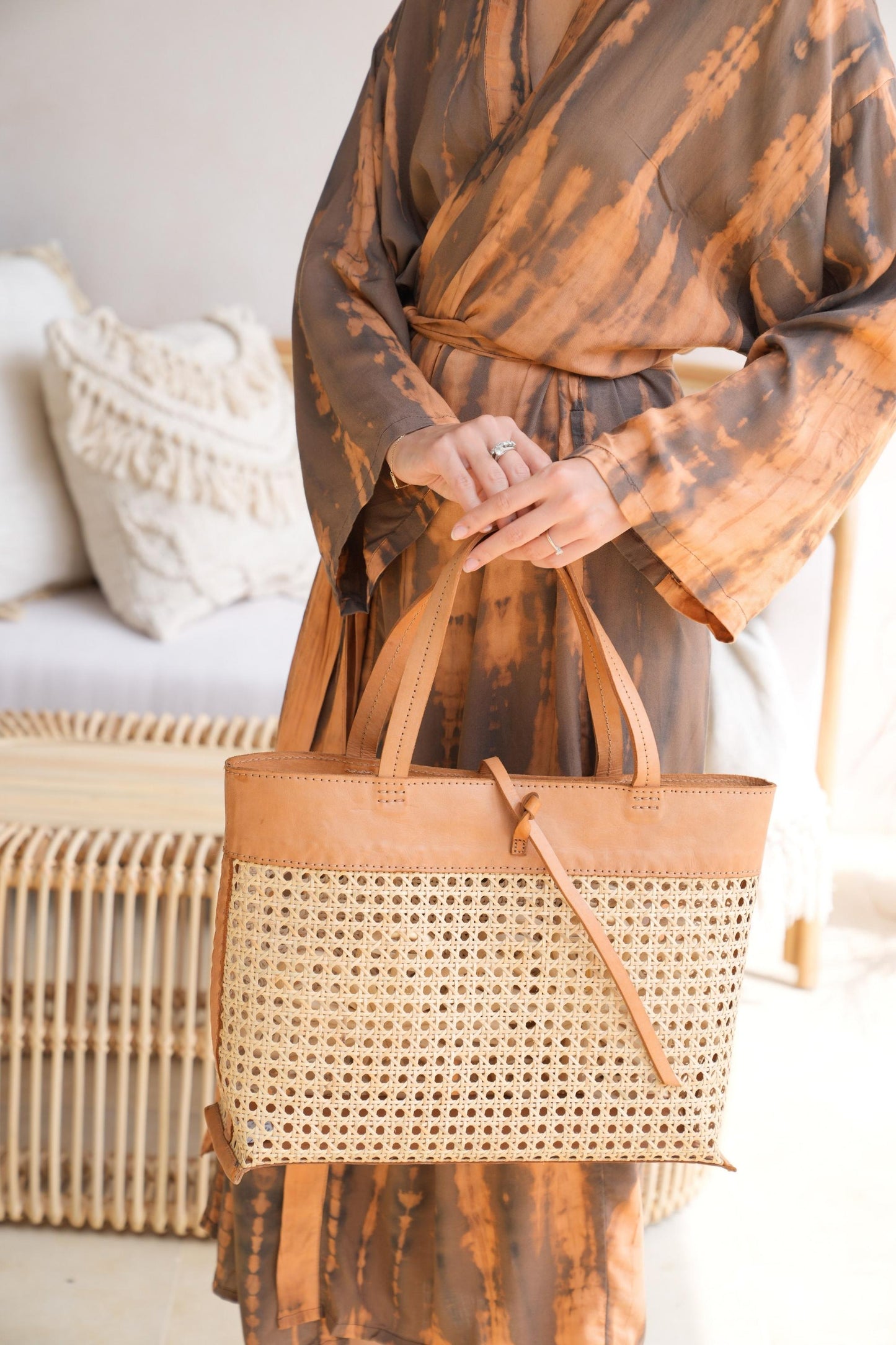 Madison Cane Webbing Leather Tote in Camel
