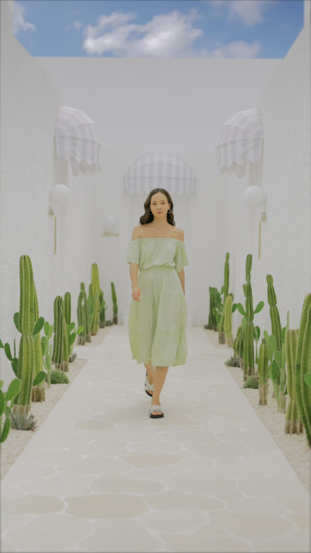 Load and play video in Gallery viewer, Regina Off-the-shoulder Midi Dress in Pistachio
