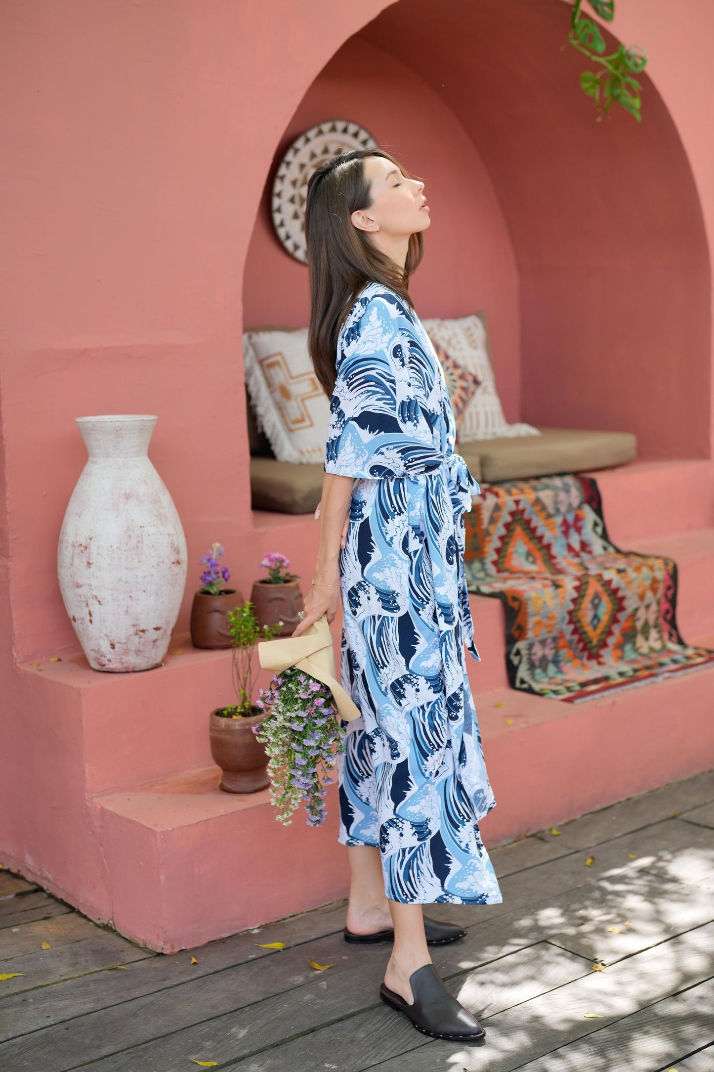 Madeline Long Kimono Robe in Blue Waves