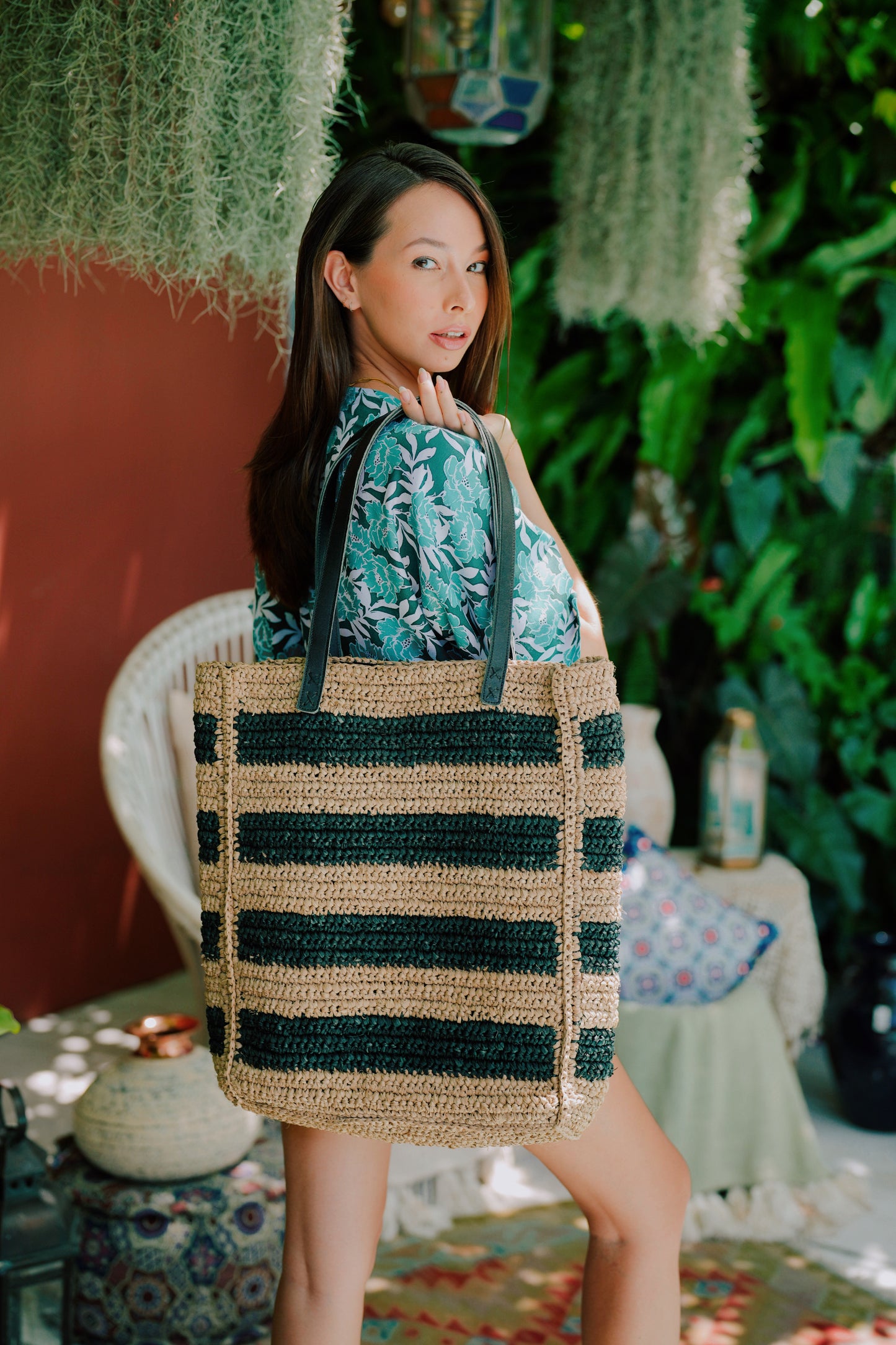 Alina All Over Striped Premium Raffia Tote