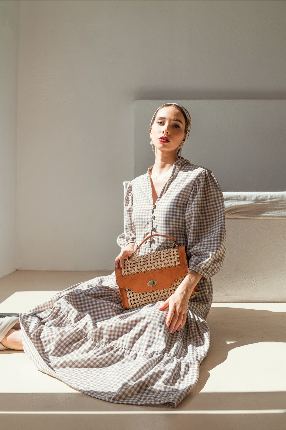 Audrey Rattan Clutch - Camel