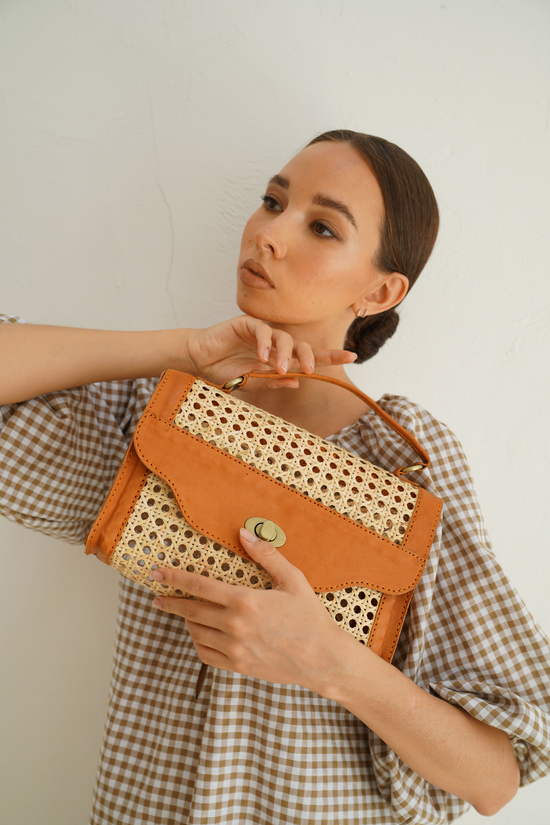 Audrey Rattan Clutch - Camel